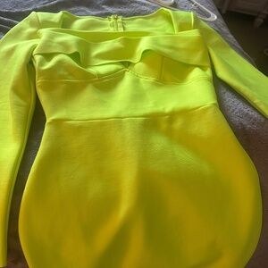 shein neon yellow body con midi dress 3/4 length sleeves size 6